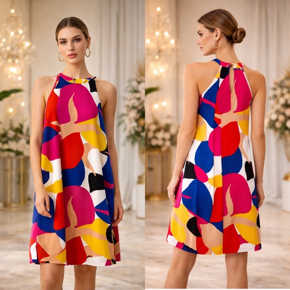 Tyche Dresses & Skirts - NWT! Tyche Multicolor Geo Print Halter Dress with Keyhole Back Closure!